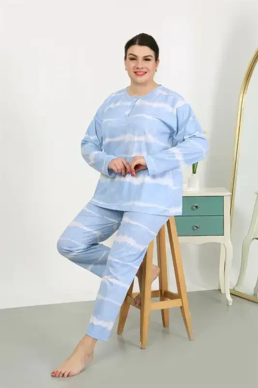 Akbeniz Women's Plus Size Long Sleeve Knit Pajama Set Blue 202502 - 4