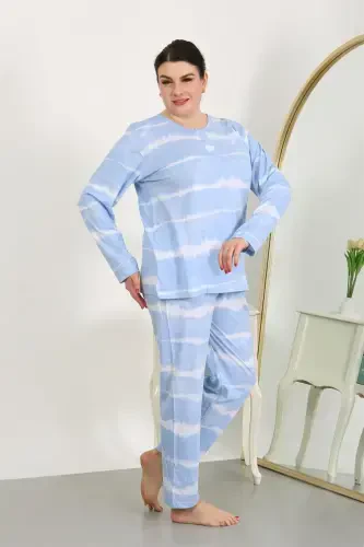 Akbeniz Women's Plus Size Long Sleeve Knit Pajama Set Blue 202502 - 5