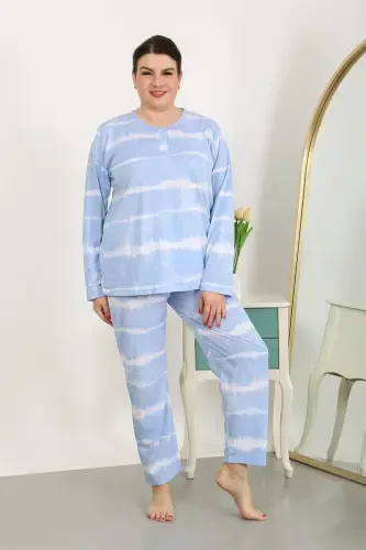 Akbeniz Women's Plus Size Long Sleeve Knit Pajama Set Blue 202502 - 6