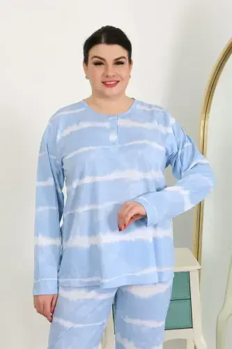 Akbeniz Women's Plus Size Long Sleeve Knit Pajama Set Blue 202502 - 7