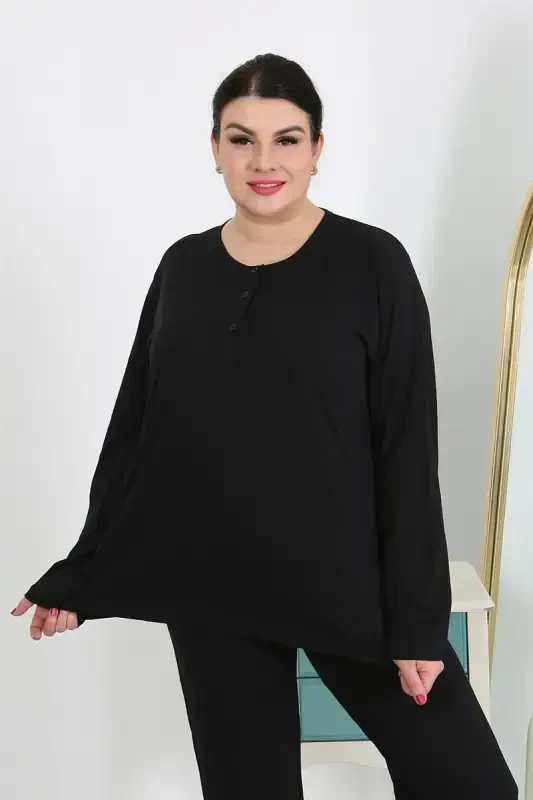 Akbeniz Women's Plus Size Long Sleeve Knitted Pajama Set Black 202501 - AKBENIZ