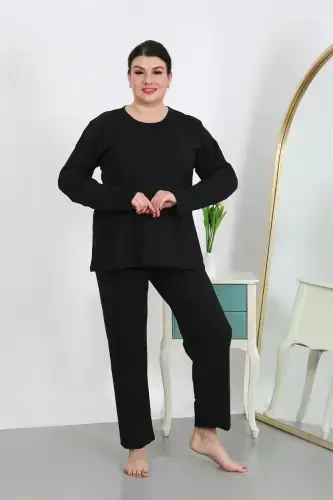 Akbeniz Women's Plus Size Long Sleeve Knitted Pajama Set Black 202501 - AKBENIZ (1)