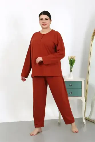 Akbeniz Women's Plus Size Long Sleeve Knitted Pajama Set Claret 202501 - 3