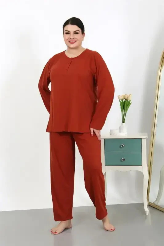 Akbeniz Women's Plus Size Long Sleeve Knitted Pajama Set Claret 202501 - 4