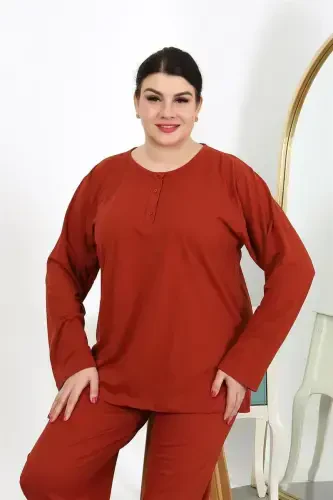 Akbeniz Women's Plus Size Long Sleeve Knitted Pajama Set Claret 202501 - 5