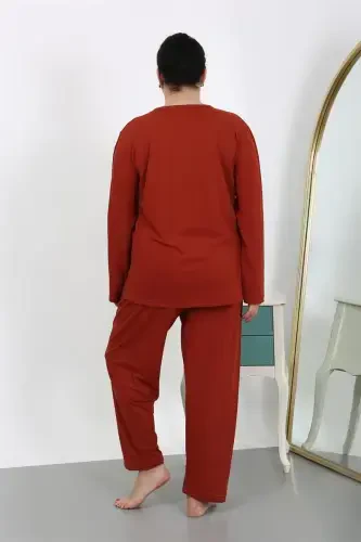 Akbeniz Women's Plus Size Long Sleeve Knitted Pajama Set Claret 202501 - 6