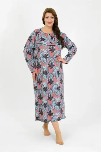 Akbeniz Women's Plus Size Long Sleeve Salmon Mom Nightgown 1378 