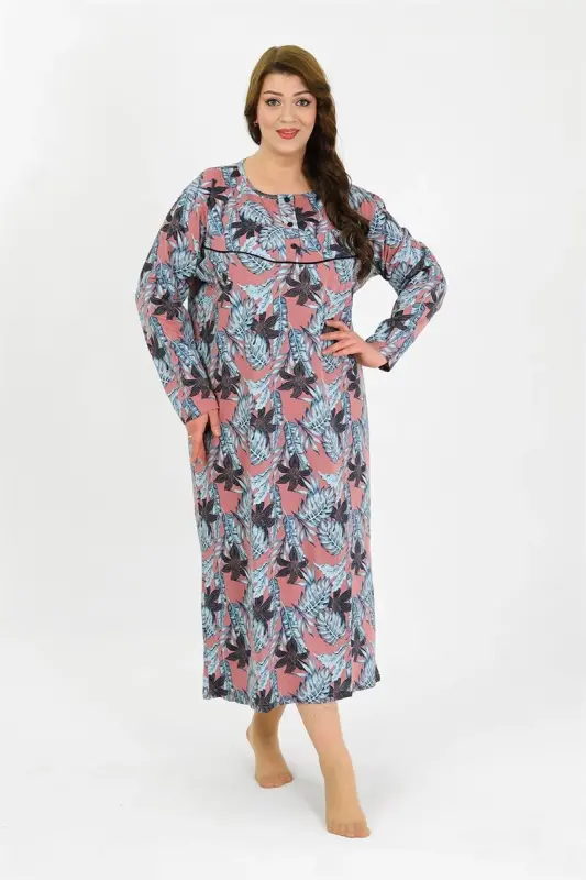 Akbeniz Women's Plus Size Long Sleeve Salmon Mom Nightgown 1378 - AKBENIZ