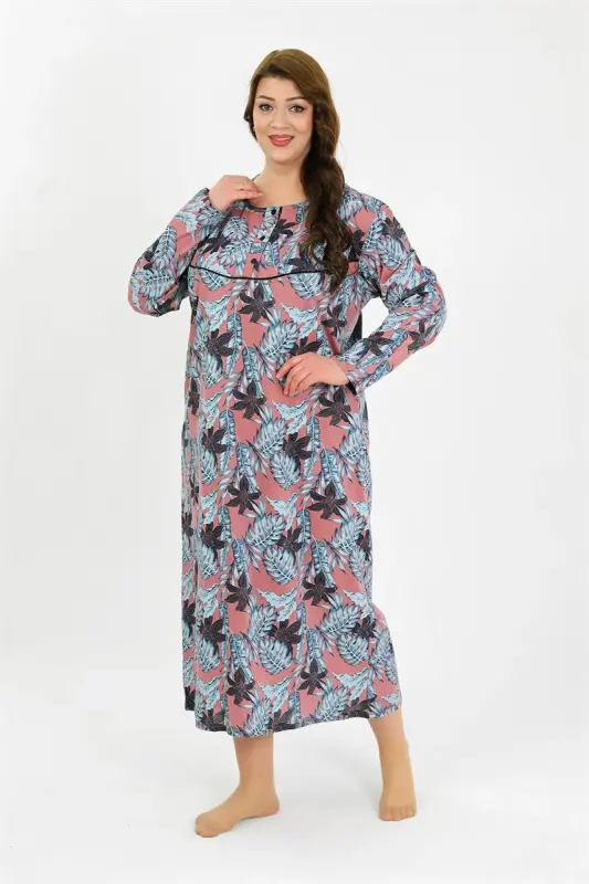 Akbeniz Women's Plus Size Long Sleeve Salmon Mom Nightgown 1378 - 3