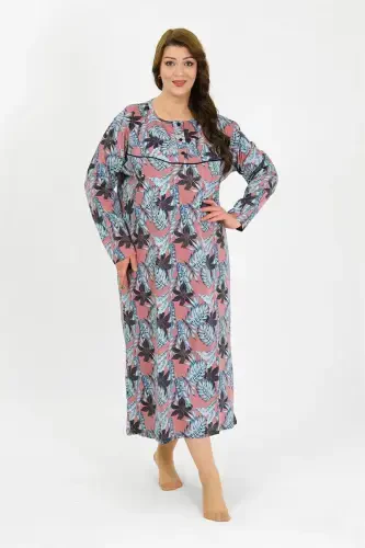 Akbeniz Women's Plus Size Long Sleeve Salmon Mom Nightgown 1378 - 1
