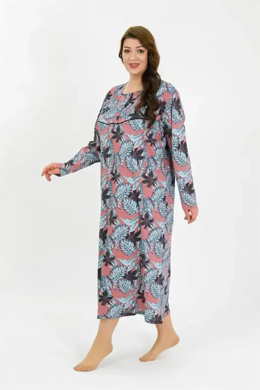 Akbeniz Women's Plus Size Long Sleeve Salmon Mom Nightgown 1378 - 2