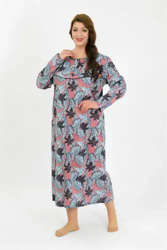 Akbeniz Women's Plus Size Long Sleeve Salmon Mom Nightgown 1378 - 3