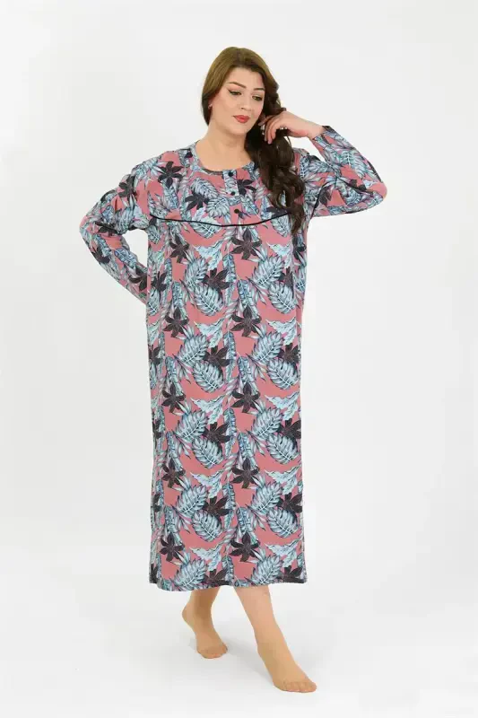 Akbeniz Women's Plus Size Long Sleeve Salmon Mom Nightgown 1378 - 4