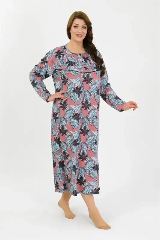 Akbeniz Women's Plus Size Long Sleeve Salmon Mom Nightgown 1378 - 5