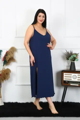 Akbeniz Women's Plus Size Navy Blue Long Cotton Nightgown with Spaghetti Straps 12100 - 1