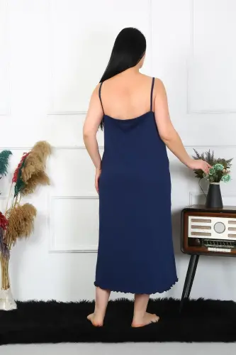 Akbeniz Women's Plus Size Navy Blue Long Cotton Nightgown with Spaghetti Straps 12100 - AKBENIZ (1)