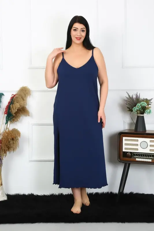 Akbeniz Women's Plus Size Navy Blue Long Cotton Nightgown with Spaghetti Straps 12100 - 4
