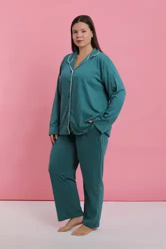 Akbeniz Women's Plus Size Petrol Blue Buttoned Pajama Set 