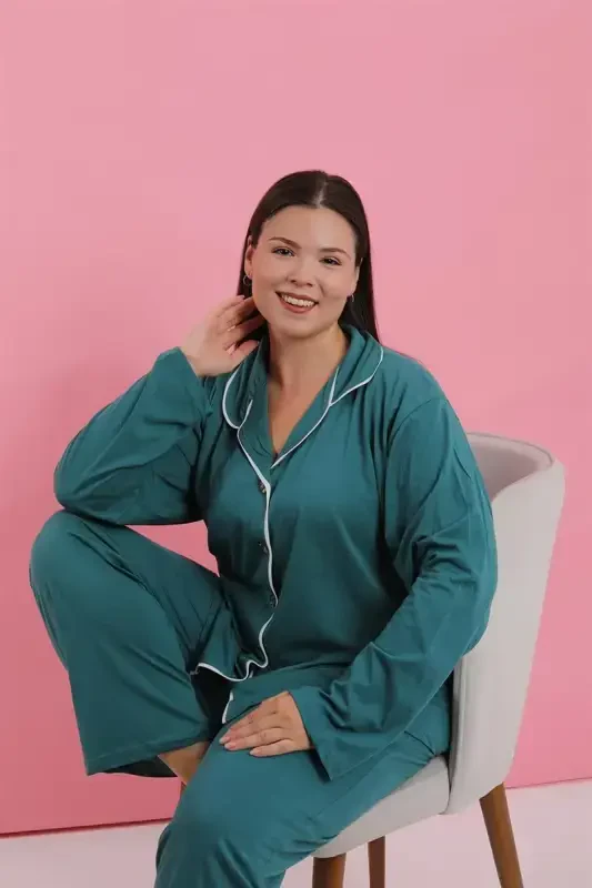 Akbeniz Women's Plus Size Petrol Blue Buttoned Pajama Set - 2