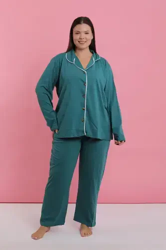 Akbeniz Women's Plus Size Petrol Blue Buttoned Pajama Set - 6