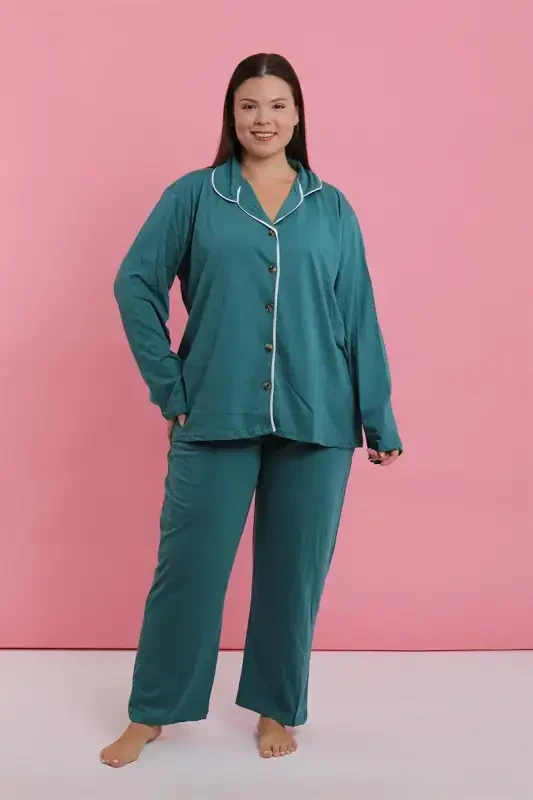 Akbeniz Women's Plus Size Petrol Blue Buttoned Pajama Set - 6