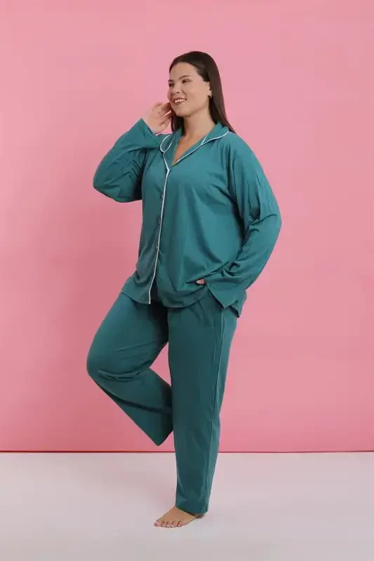 Akbeniz Women's Plus Size Petrol Blue Buttoned Pajama Set - 7