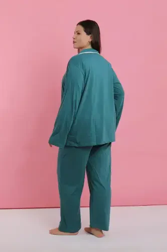 Akbeniz Women's Plus Size Petrol Blue Buttoned Pajama Set - 8