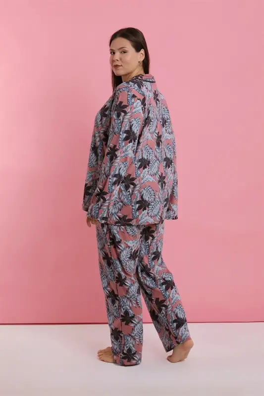 Akbeniz Women's Plus Size Salmon Leaf Patterned Buttoned Pajama Set - 4
