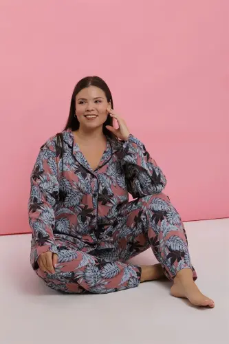 Akbeniz Women's Plus Size Salmon Leaf Patterned Buttoned Pajama Set - 5