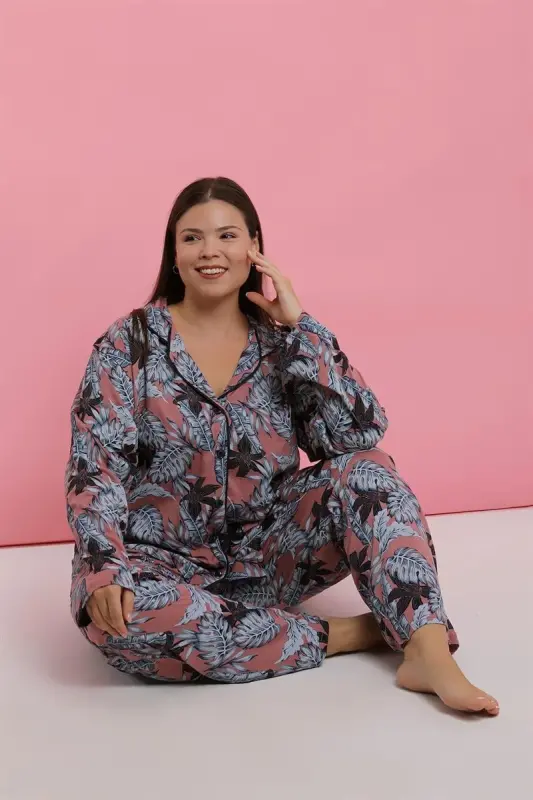 Akbeniz Women's Plus Size Salmon Leaf Patterned Buttoned Pajama Set - 5