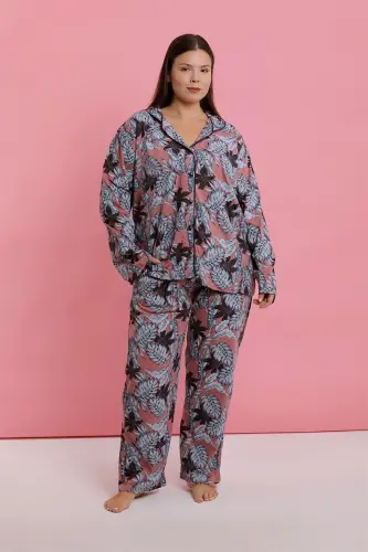Akbeniz Women's Plus Size Salmon Leaf Patterned Buttoned Pajama Set - 6