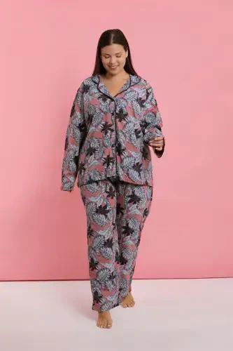 Akbeniz Women's Plus Size Salmon Leaf Patterned Buttoned Pajama Set - 3