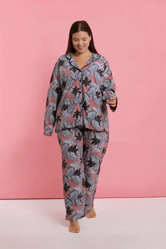 Akbeniz Women's Plus Size Salmon Leaf Patterned Buttoned Pajama Set - 3