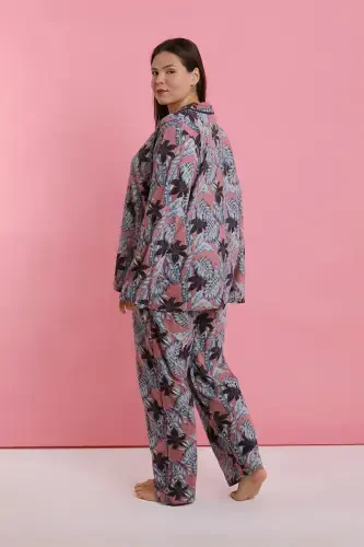 Akbeniz Women's Plus Size Salmon Leaf Patterned Buttoned Pajama Set - 4