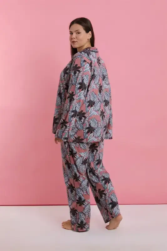 Akbeniz Women's Plus Size Salmon Leaf Patterned Buttoned Pajama Set - 4