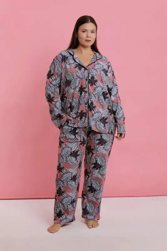 Akbeniz Women's Plus Size Salmon Leaf Patterned Buttoned Pajama Set - 6