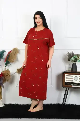Akbeniz Women's Plus Size Short Sleeve Burgundy Mother's Nightgown 1370 - 3