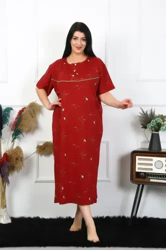 Akbeniz Women's Plus Size Short Sleeve Burgundy Mother's Nightgown 1370 - 4