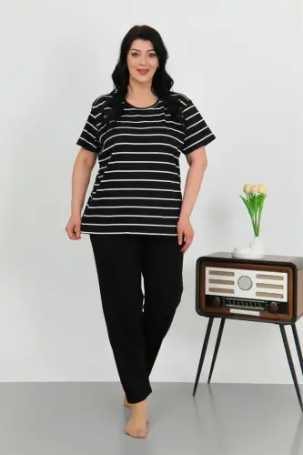 Akbeniz Women's Plus Size Short Sleeve Cotton Pajama Set Black 202505 