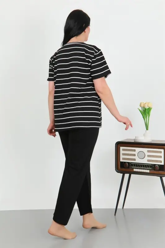 Akbeniz Women's Plus Size Short Sleeve Cotton Pajama Set Black 202505 - 5