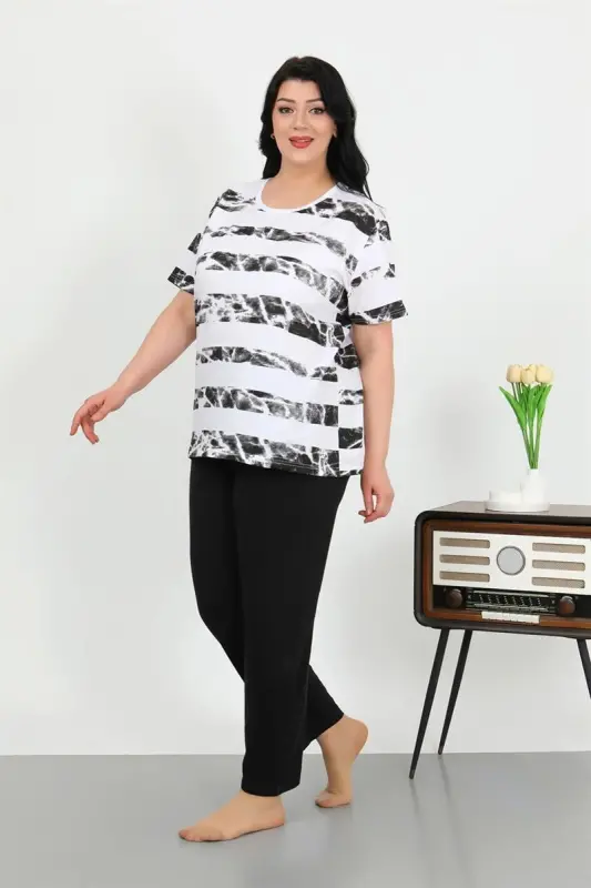 Akbeniz Women's Plus Size Short Sleeve Cotton Pajama Set White 202505 - 2