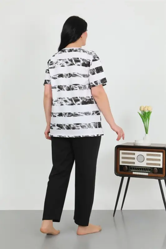 Akbeniz Women's Plus Size Short Sleeve Cotton Pajama Set White 202505 - 3