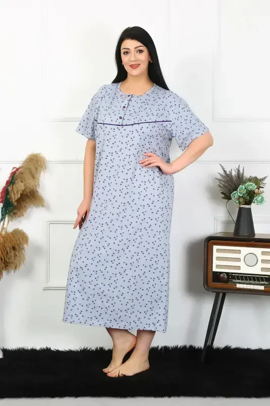 Akbeniz Women's Plus Size Short Sleeve Indigo Maternity Nightgown 1374 - 2