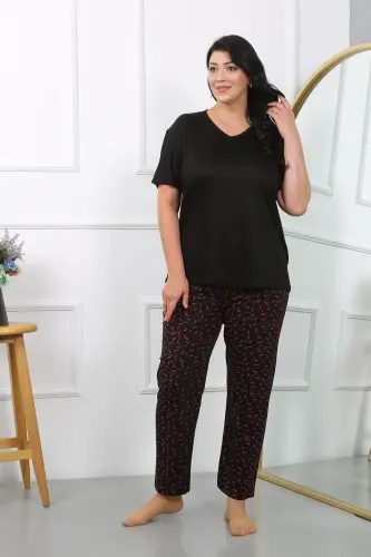 Akbeniz Women's Plus Size Short Sleeve Jersey Pajama Set Black 202406 - 1