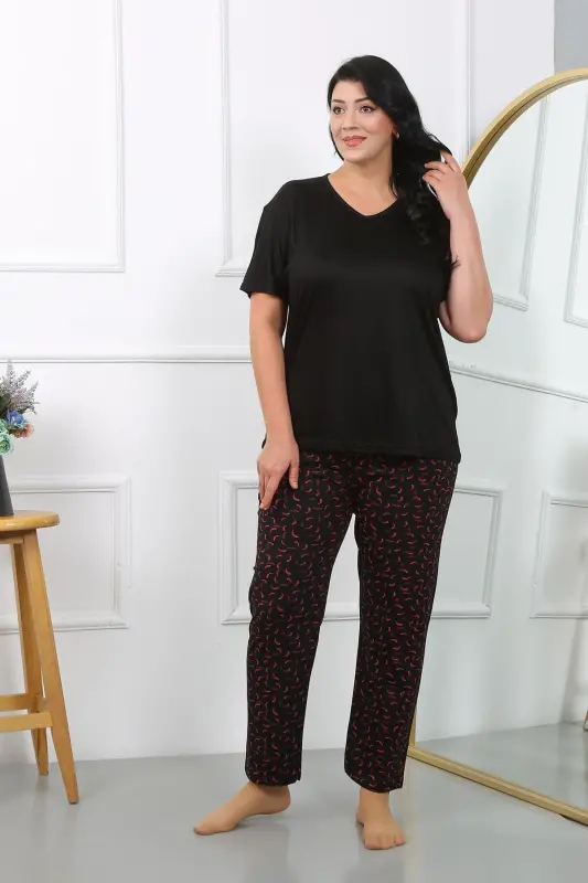 Akbeniz Women's Plus Size Short Sleeve Jersey Pajama Set Black 202406 - AKBENIZ