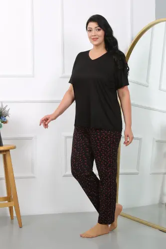 Akbeniz Women's Plus Size Short Sleeve Jersey Pajama Set Black 202406 - 2