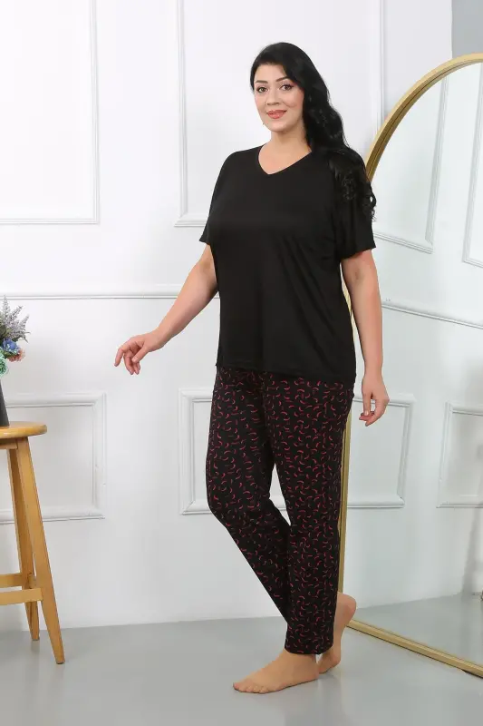Akbeniz Women's Plus Size Short Sleeve Jersey Pajama Set Black 202406 - 2