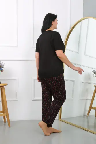 Akbeniz Women's Plus Size Short Sleeve Jersey Pajama Set Black 202406 - 6