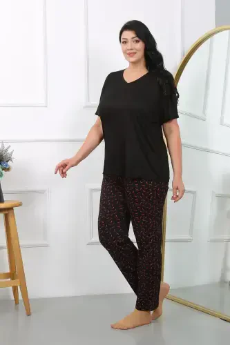Akbeniz Women's Plus Size Short Sleeve Jersey Pajama Set Black 202406 - AKBENIZ (1)