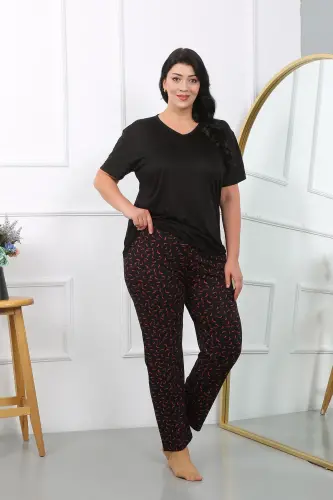 Akbeniz Women's Plus Size Short Sleeve Jersey Pajama Set Black 202406 - 4